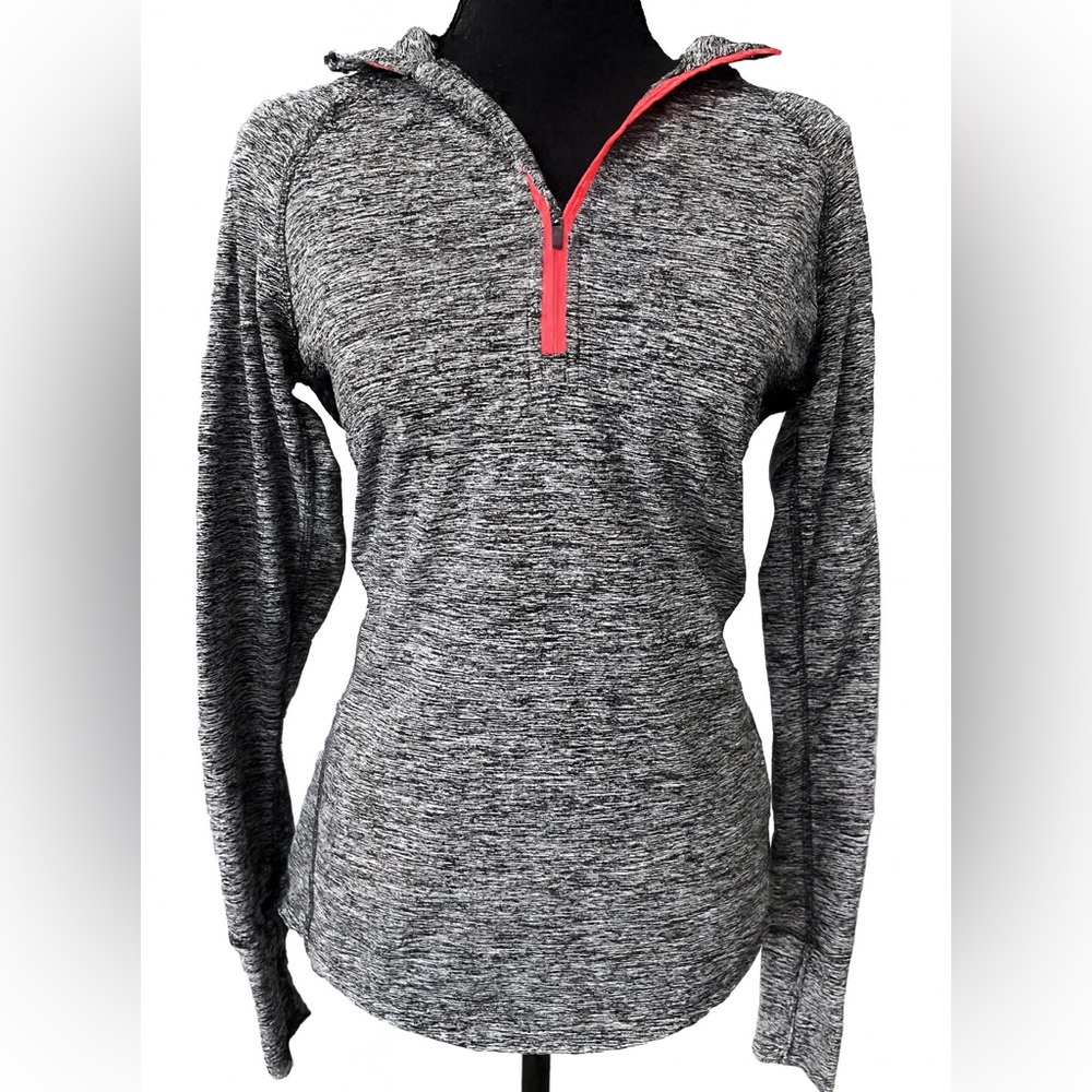 🤍 Women's Heather Gray/Grey Quarter-Zip Top with coral hot pink accent